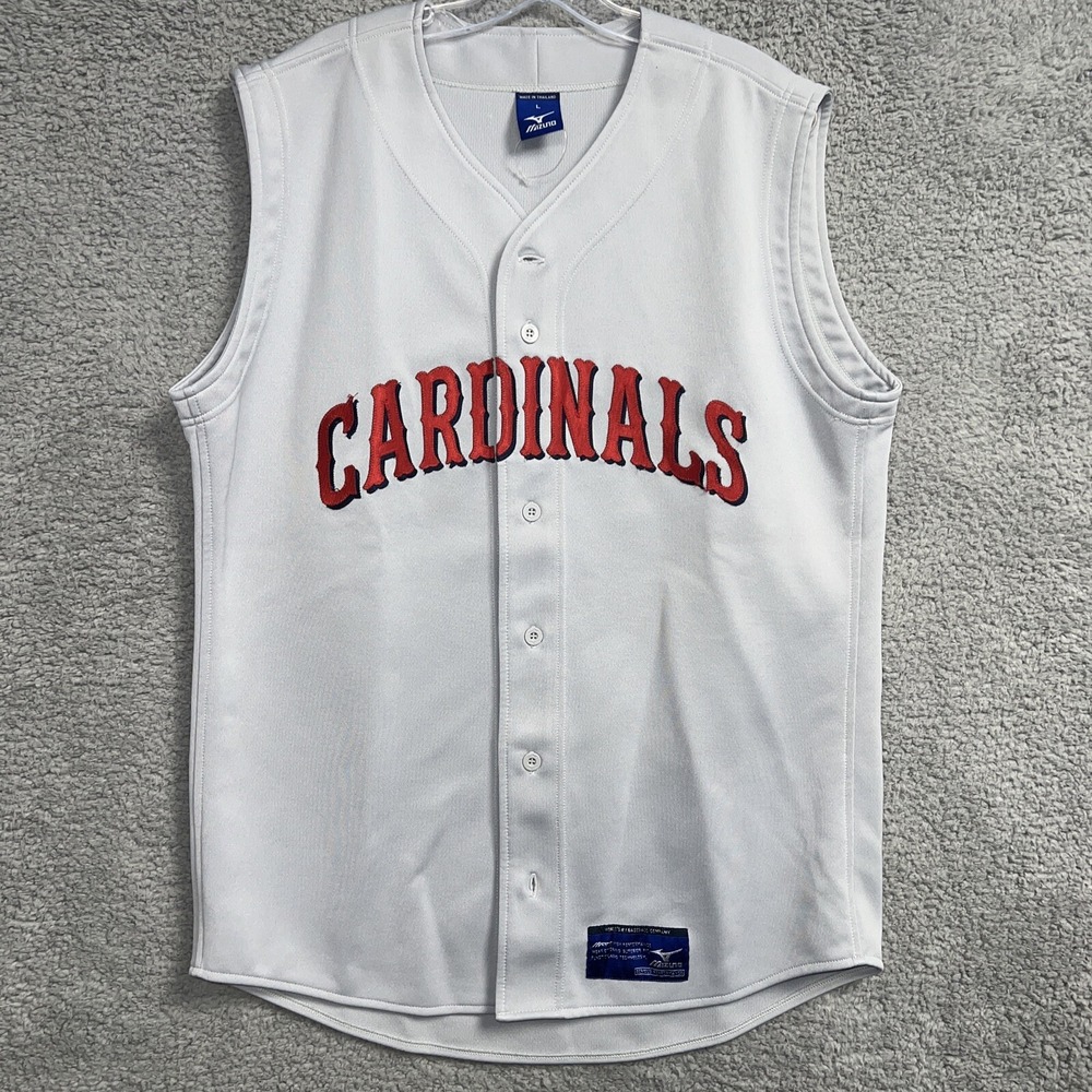 Mizuno Cardinals Jersey Men's Size L Grey Red Sleeveless Full Button Shirt